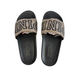 Victoria's Secret Pink Glitter Logo Slides Sandals Black Gold Women's Size 6